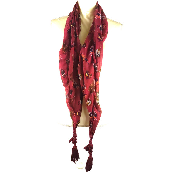 Mudd Scarf Rectangle 72" X 15" Tassels Birds Sparrows Bermuda Red Gray Black - Picture 2 of 10